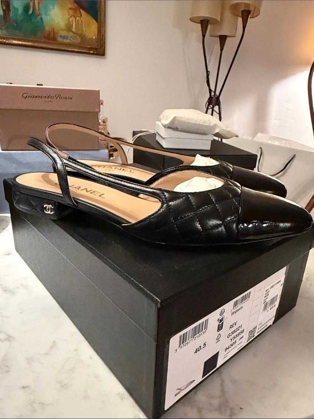 CHANEL Black Quilted Slingback Flats with Patent Leather Toe, sz 40.5